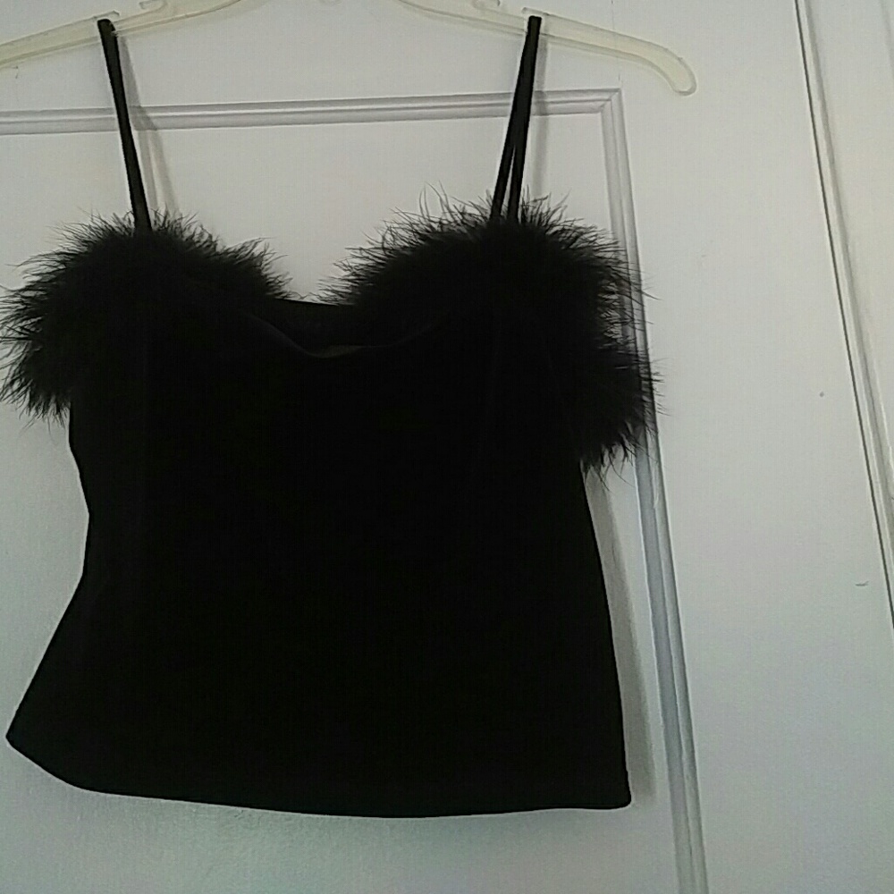 Black velvet cami with maribou trim at neckline